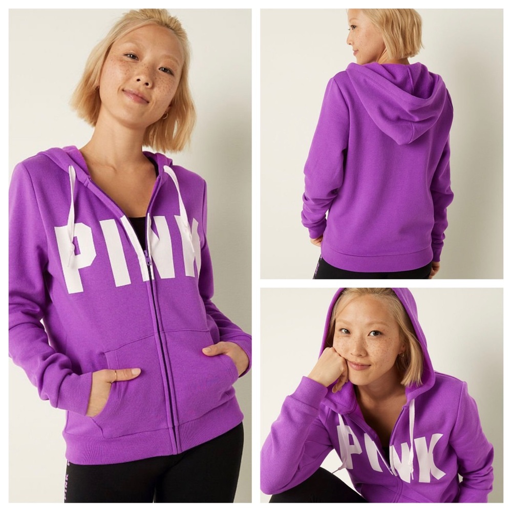 Vs Victorias Secret Pink Perfect Full Zip Hoodie Sweater Jacket Top Purple XS